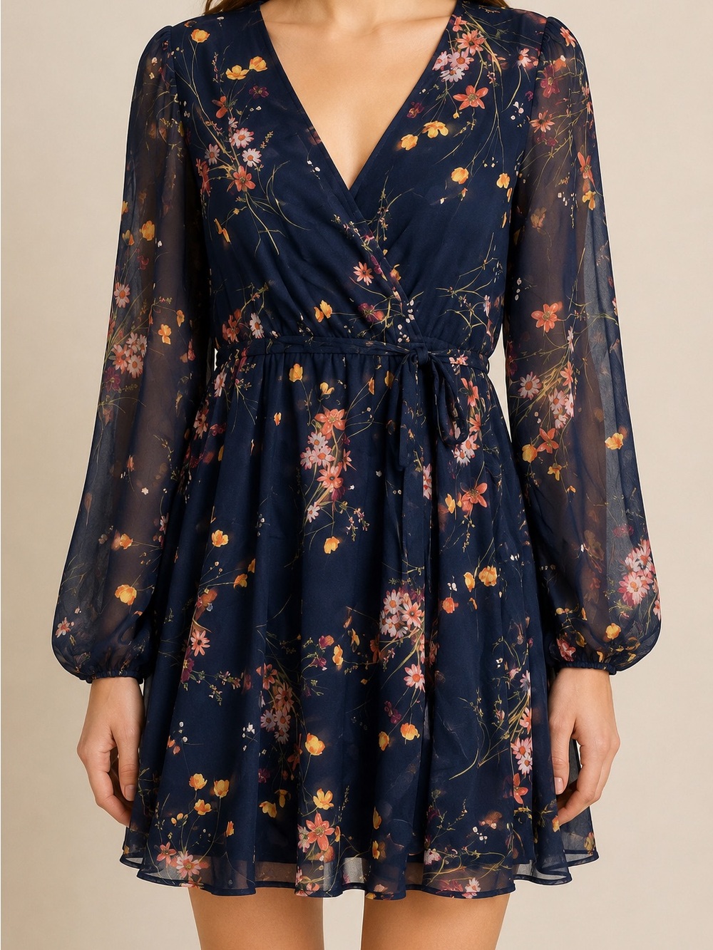 CUPSHE Navy Floral Chiffon Mini Dress Size Small NWT